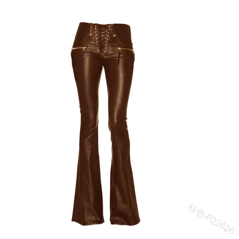 Damen Hose Gothic Punk PU Lederhose Bootcut Strech Hüftjeans Schlaghose Flared