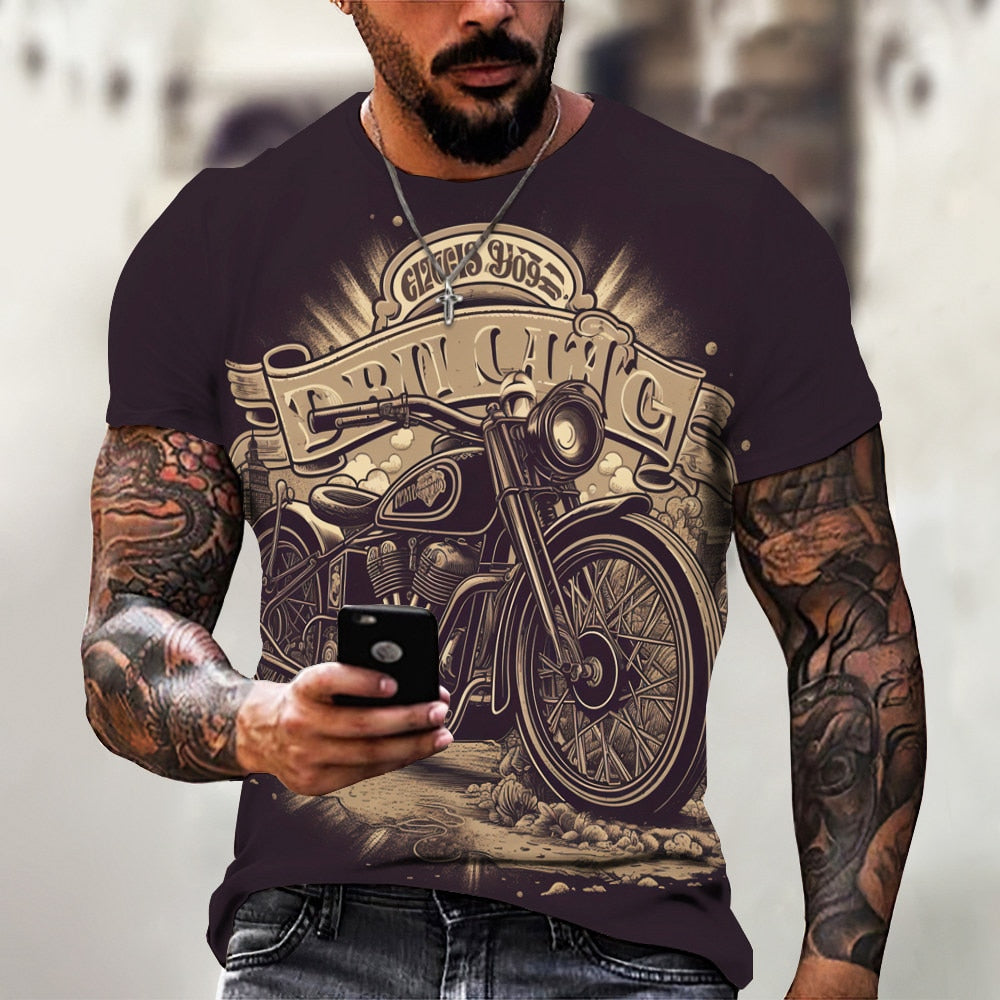 Herren Fashion Vintage Biker 3D T-Shirt Rundhals Unisex Sommer Streetwear