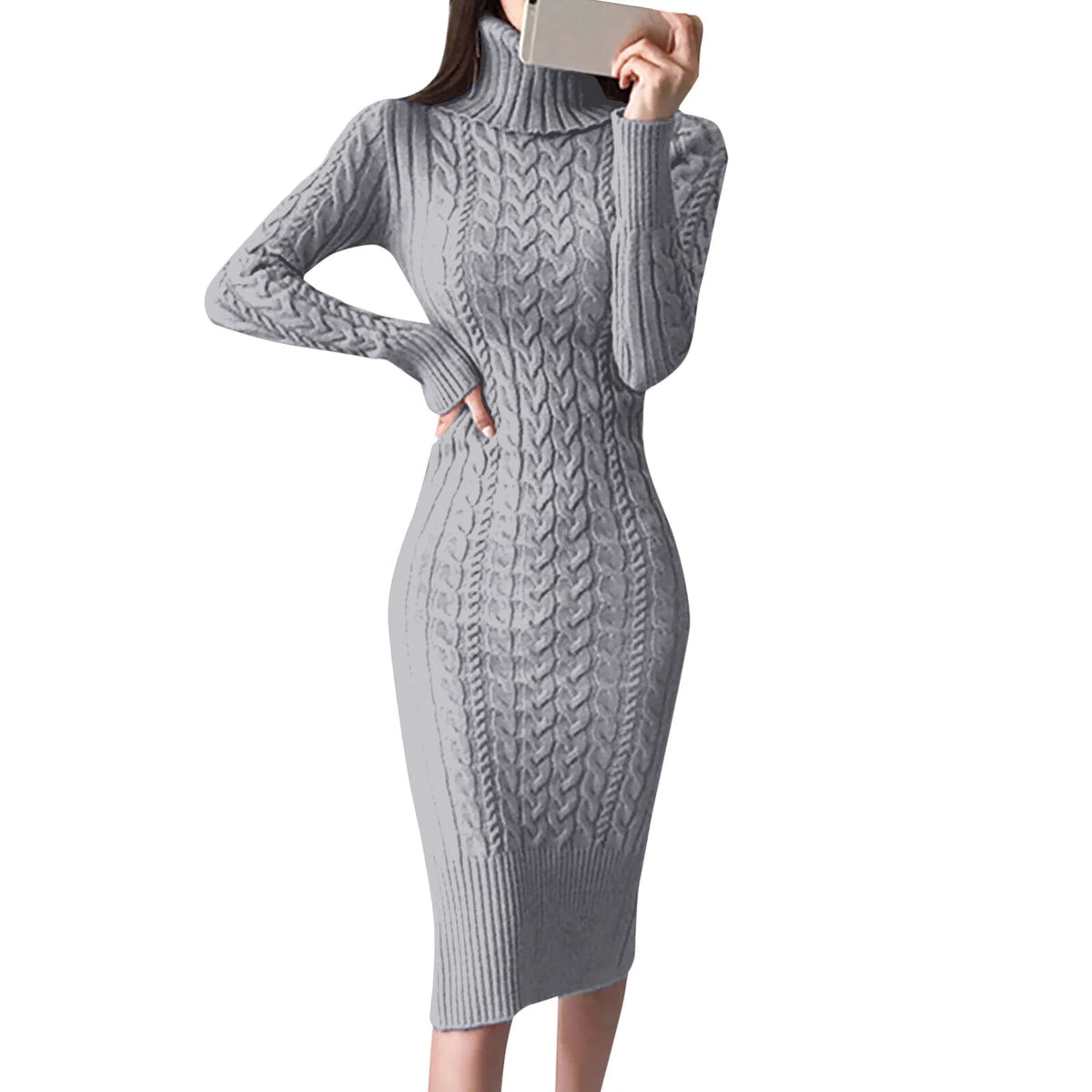 Damen Wollkleid Rollkragen Stiefelkleid Herbstkleid Winterkleid Strickkleid Long