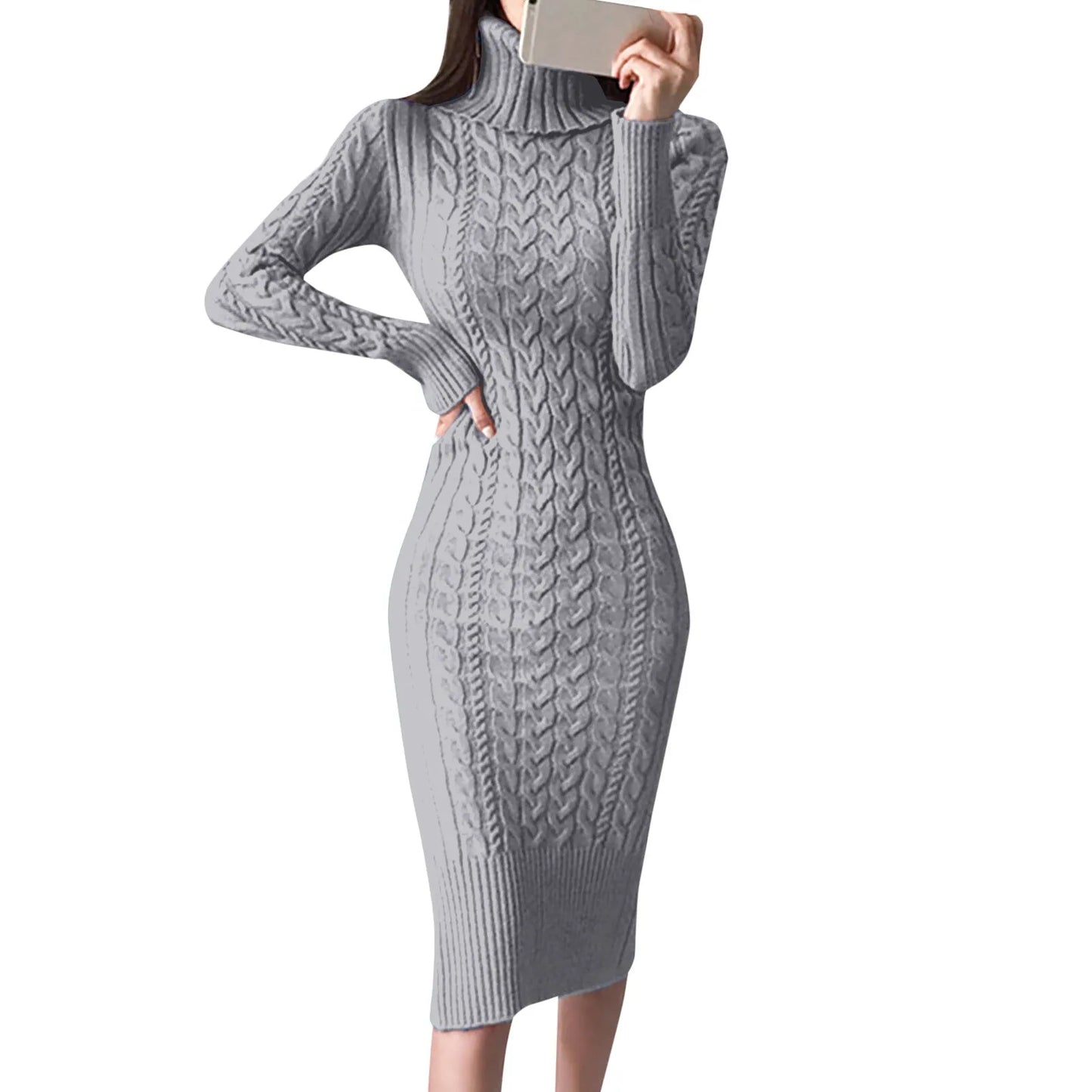 Damen Wollkleid Rollkragen Stiefelkleid Herbstkleid Winterkleid Strickkleid Long