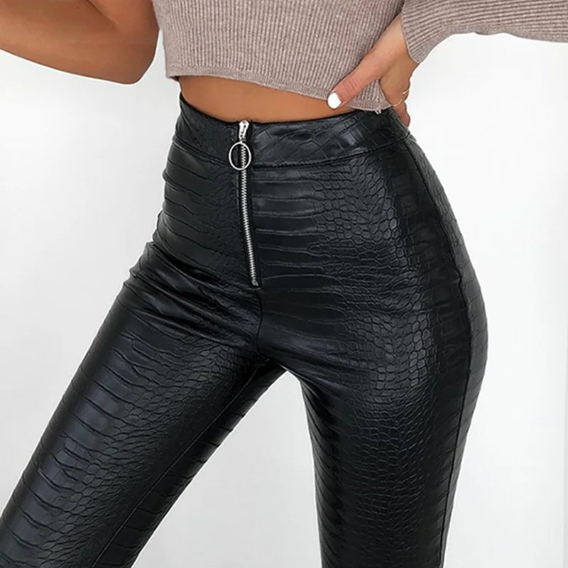 Sexy Damen Leggings Push Up Leggins Hose glänzendes PU Lederhose Reißverschluss
