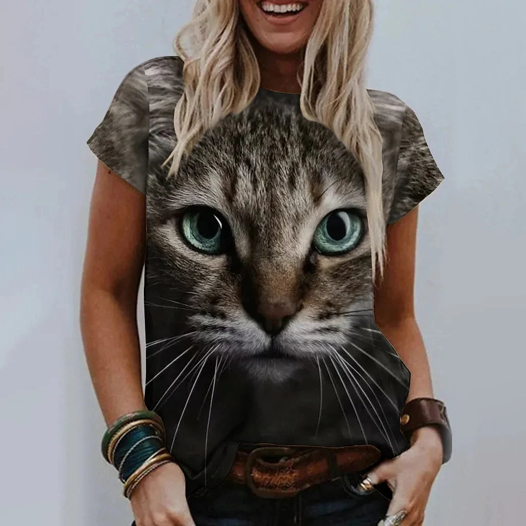 Damen T-Shirt Sommer Top Katzen Hemd Rundhals Streetwear lockeres Damentop
