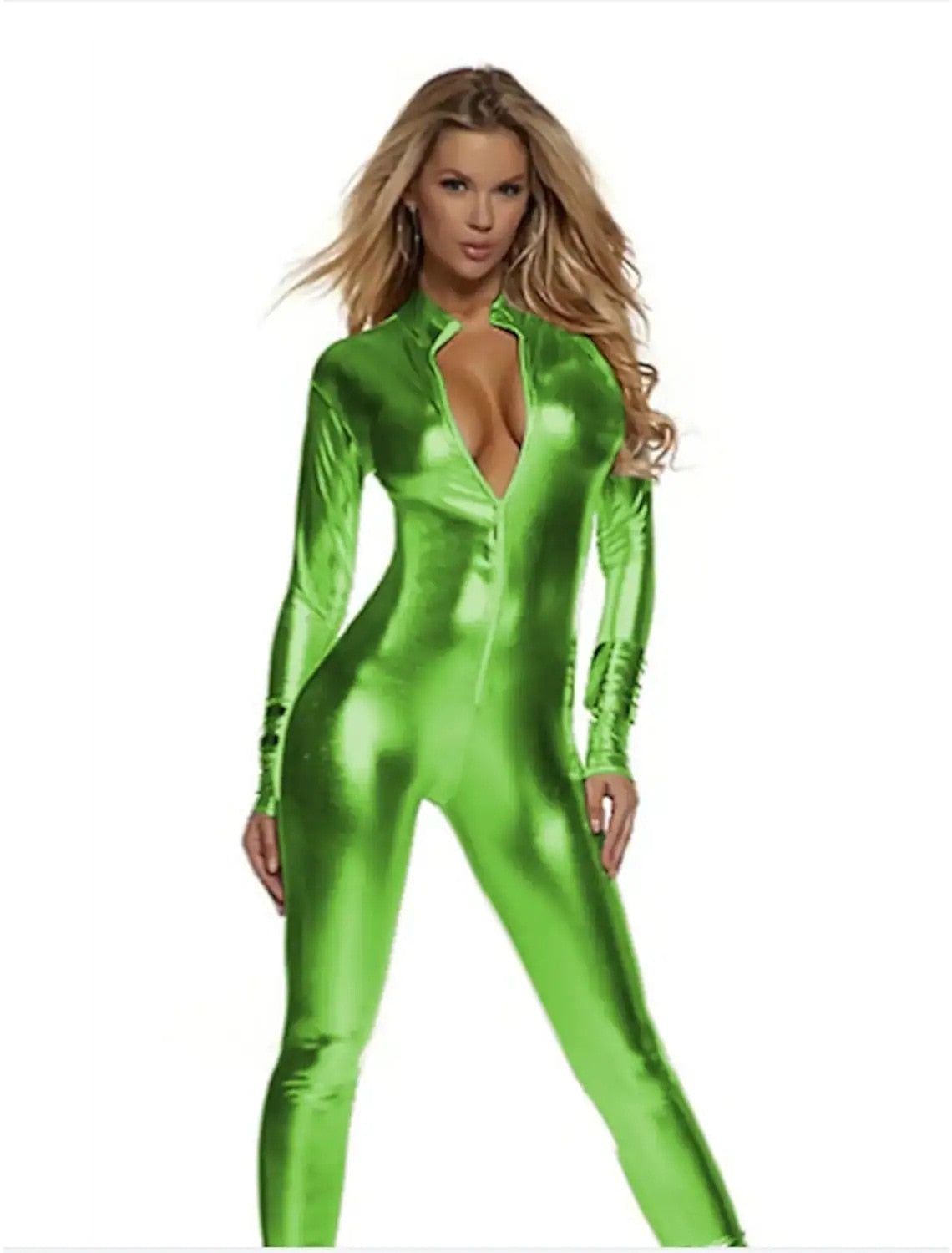 Sexy Damen Glänzender Metallischer Overall Bodysuit Catsuit Clubwear Fetisch
