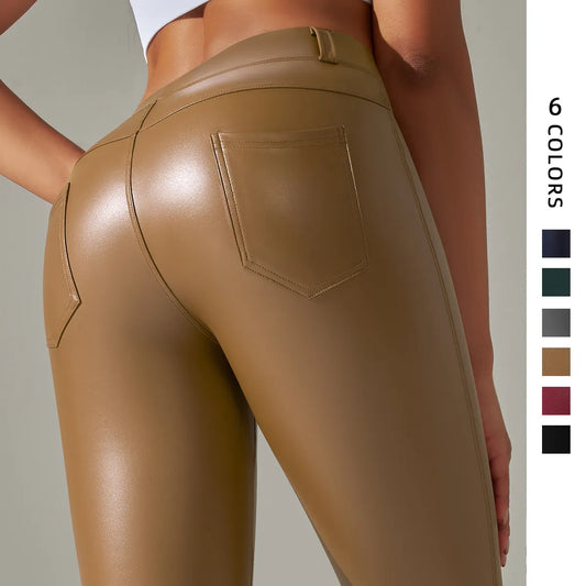 Damen Fashion Leggings Push Up Leggins Hose PU Lederhose mit Taschen Sexy