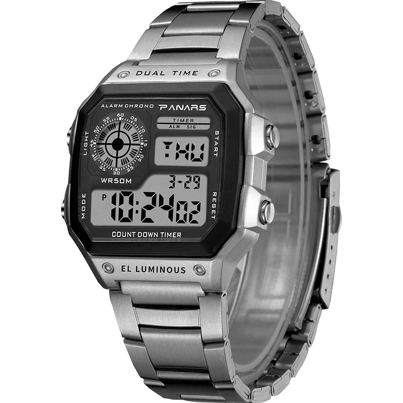 Herren Armbanduhr Digital Uhr Silber Edelstahl LED Quarzuhr Luxus Chronograph