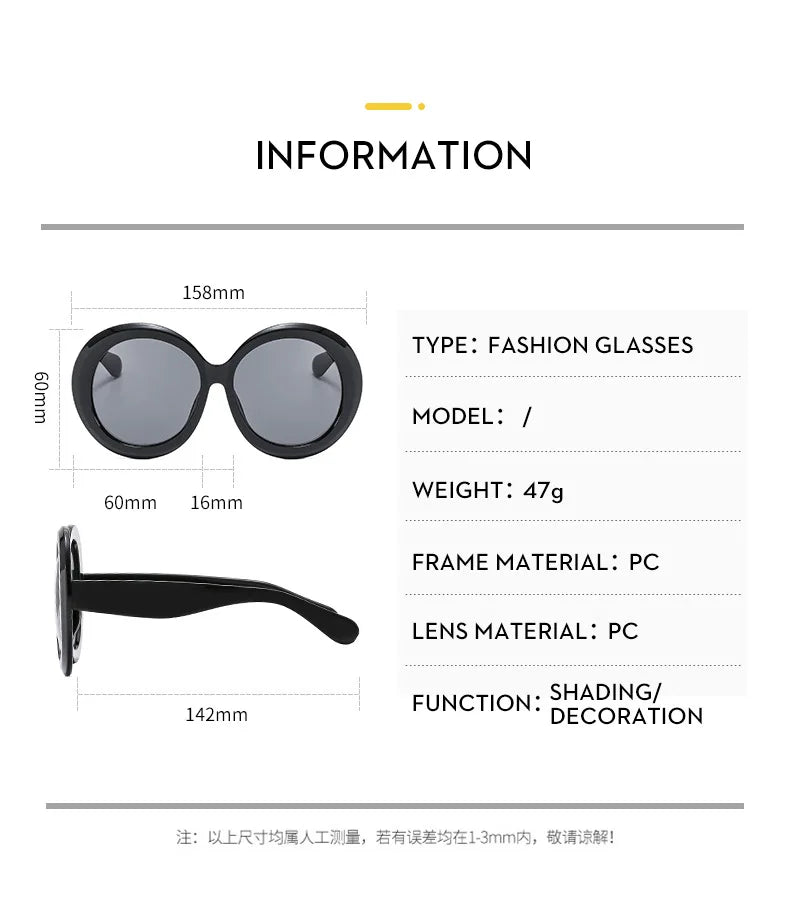 Damen Sonnenbrille Designer Luxus Brille Runde Übergröße Gläser Vintage UV400