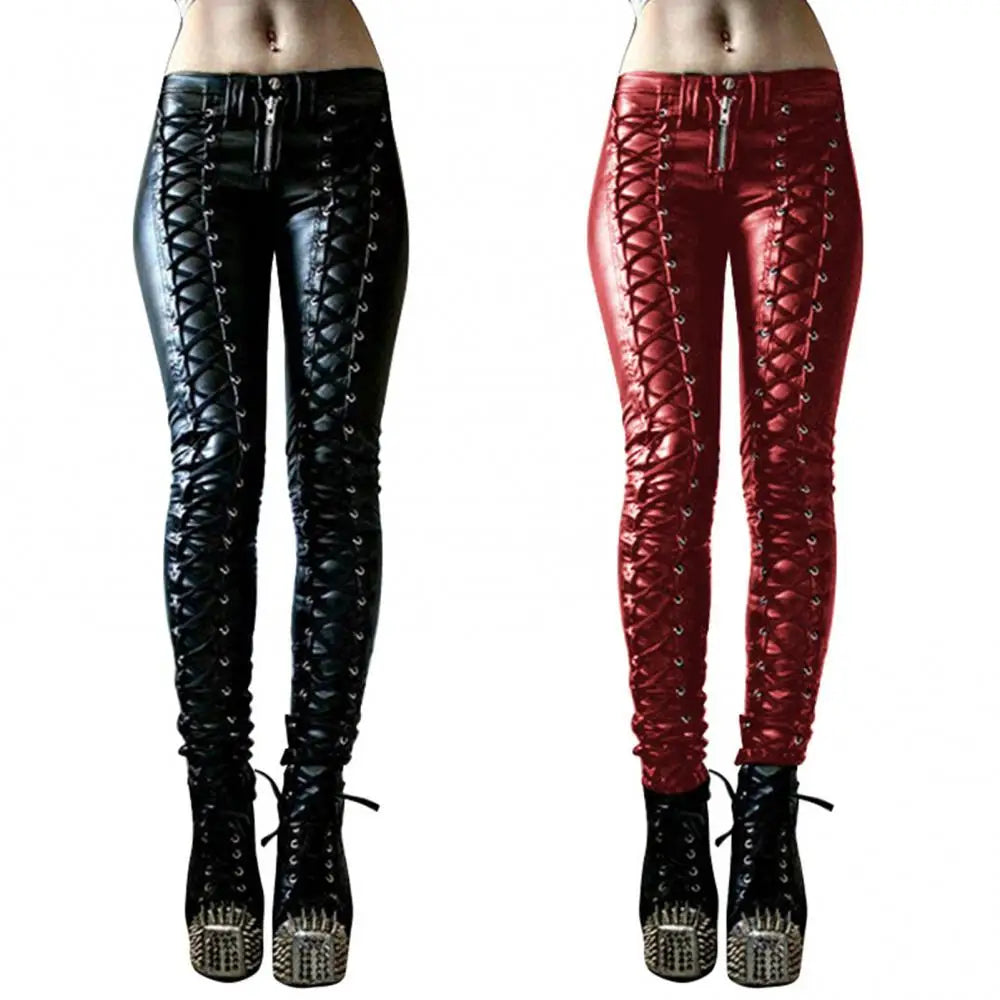 Sexy Damen Fashion Leggings Push Up Leggins Punk Hose PU Lederhose mit Kordelzug