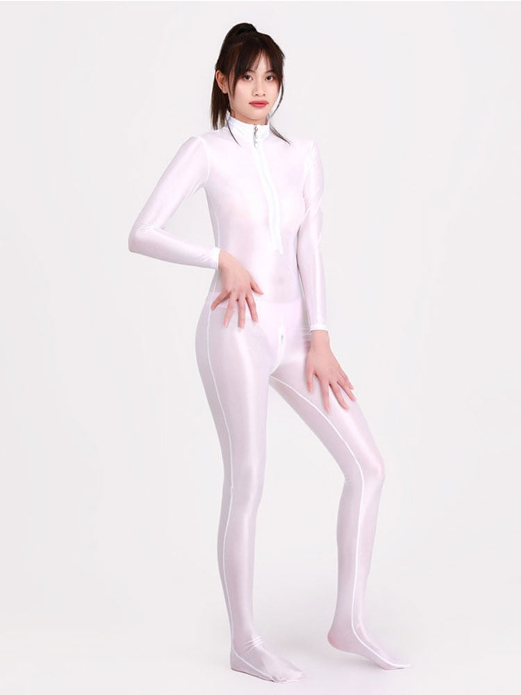 Sexy Damen Glänzender Metallischer Overall Bodysuit Catsuit Clubwear Fetisch