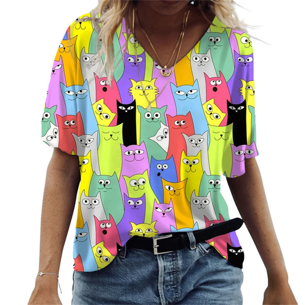 Damen Sommer Top Katzen T-Shirt V-Ausschnitt Hemd & Bluse Damentop Mädchen
