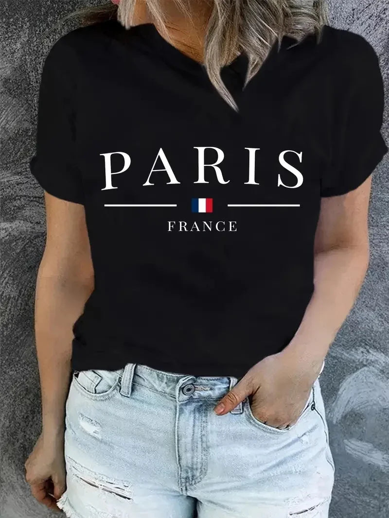Damen Sommer Top Paris T-Shirt Rundhals Streetwear lockeres Damentop Bluse