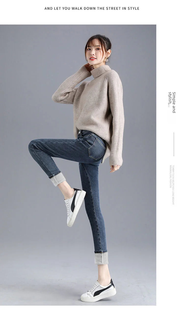 Damen Winter Warm Thermo Jeans Hose Innenfleece Stretch Hosen Leggins Denim