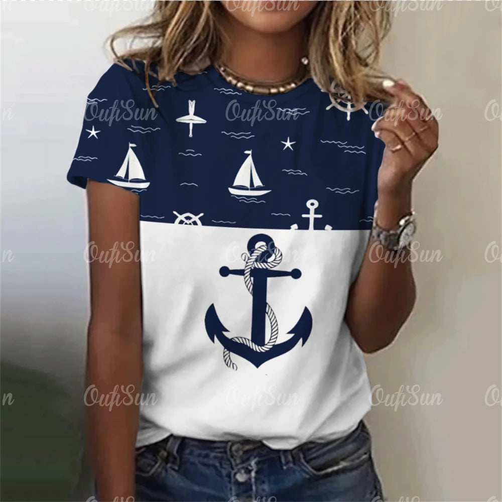 Damen Sommer Top Anker T-Shirt Rundhals Streetwear lockeres Damentop Anker-Motiv