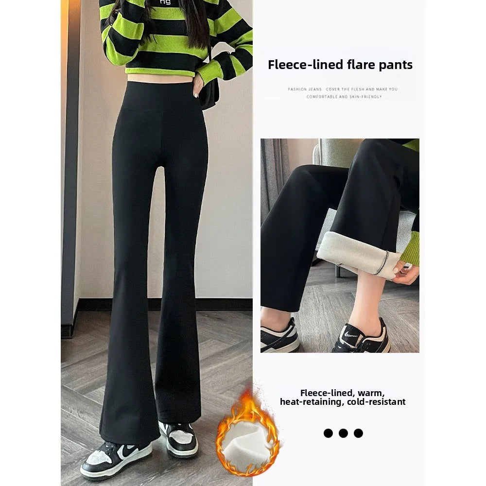 Hohe Taille, mit Fleece gefüttert, Bootcut-Yogahose, Damen-Oberbekleidung, Frühling, Herbst, Winter, schlankmachend, schwarz, Bauchkontrolle, lässig, Hai...