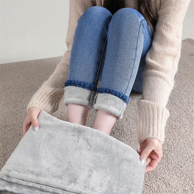 Damen Winter Warm Thermo Jeans Hose Innenfleece Stretch Hosen Leggins Denim