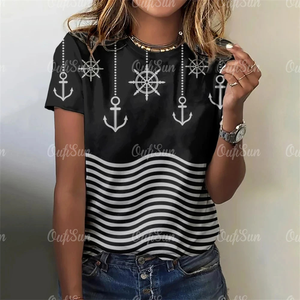Damen Sommer Top Anker T-Shirt Rundhals Streetwear lockeres Damentop Anker-Motiv