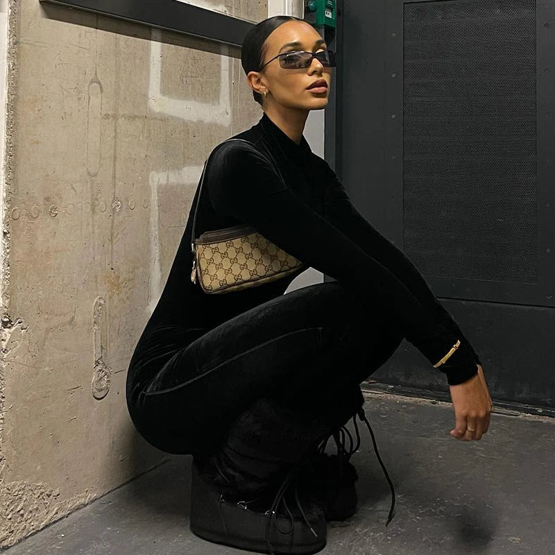 Dulzura Herbst Samt Sexy Y2K Kleidung Lange Hülse O-ansatz Bodycon Dünne Zipper Overall Frauen Sportliche Streetwear Strampler Outfits