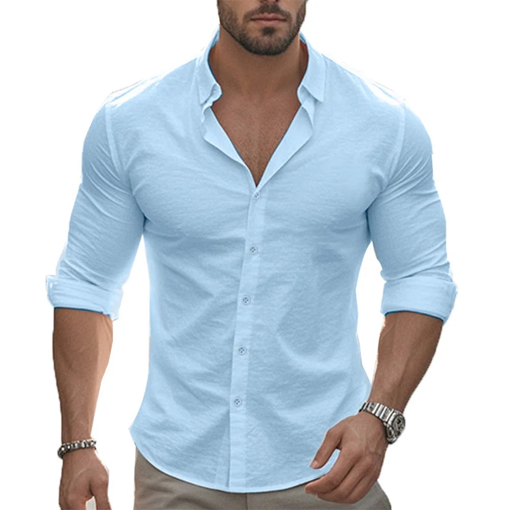 Herren Poloshirt Leinenhemd Langarm T-Shirt Leinen Hemd Polohemd Freizeithemd