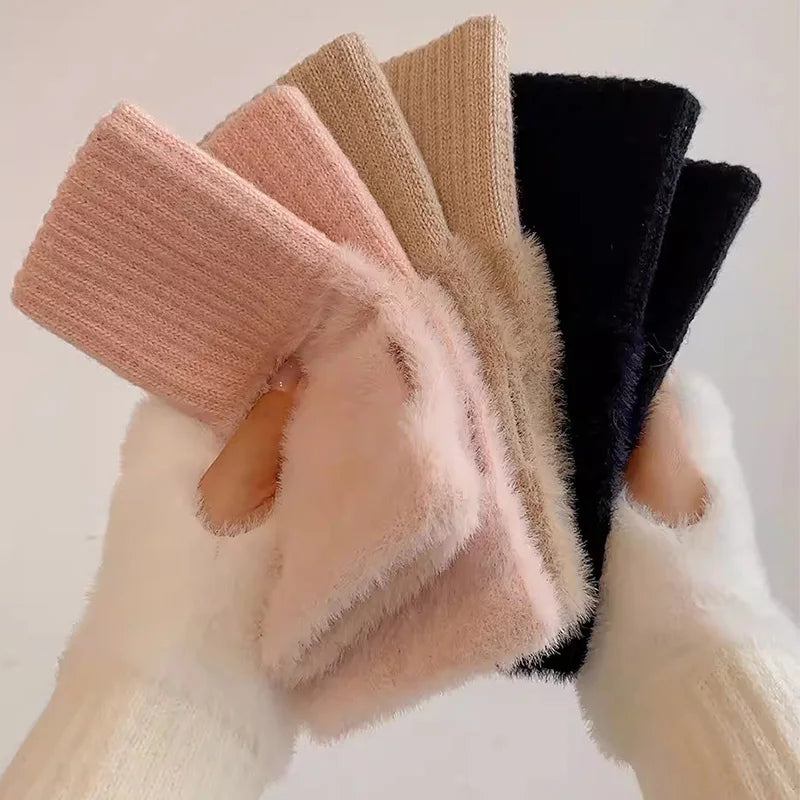 Winter Handschuhe Damen Strick fingerlose Handwärmer Fäustlinge Halbfinger