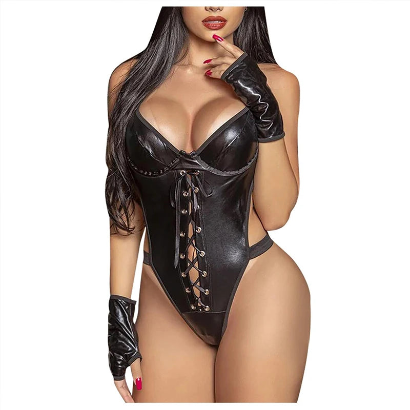 Sexy PU Leder Dessous Bodysuit Babydoll Reizwäsche Unterwäsche Schwarz Corset