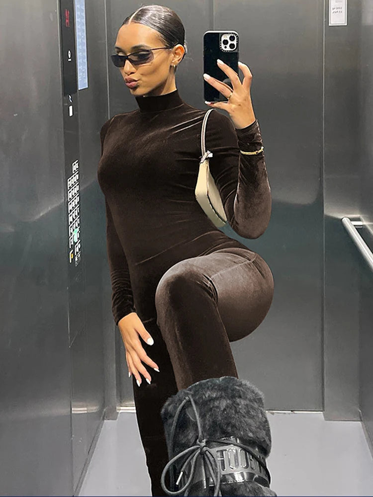 Dulzura Herbst Samt Sexy Y2K Kleidung Lange Hülse O-ansatz Bodycon Dünne Zipper Overall Frauen Sportliche Streetwear Strampler Outfits