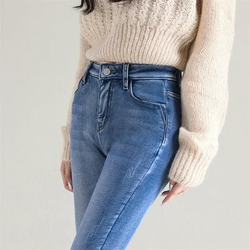 Damen Winter Warm Thermo Jeans Hose Innenfleece Stretch Hosen Leggins Denim