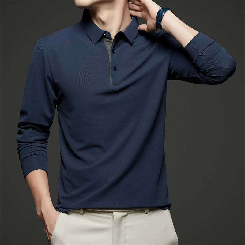 Neues Herren-Poloshirt, Business-Casual, langärmelig, einfarbig, modisch, warm, bequem, vielseitiges Oberteil für vier Jahreszeiten