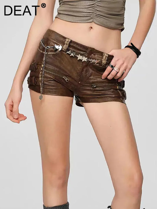 DEAT Mode Braun Y2K PU Leder Shorts frauen Niedrige Taille Multi Einstellbare Schnalle Hot Pants Sommer Neue 7A795