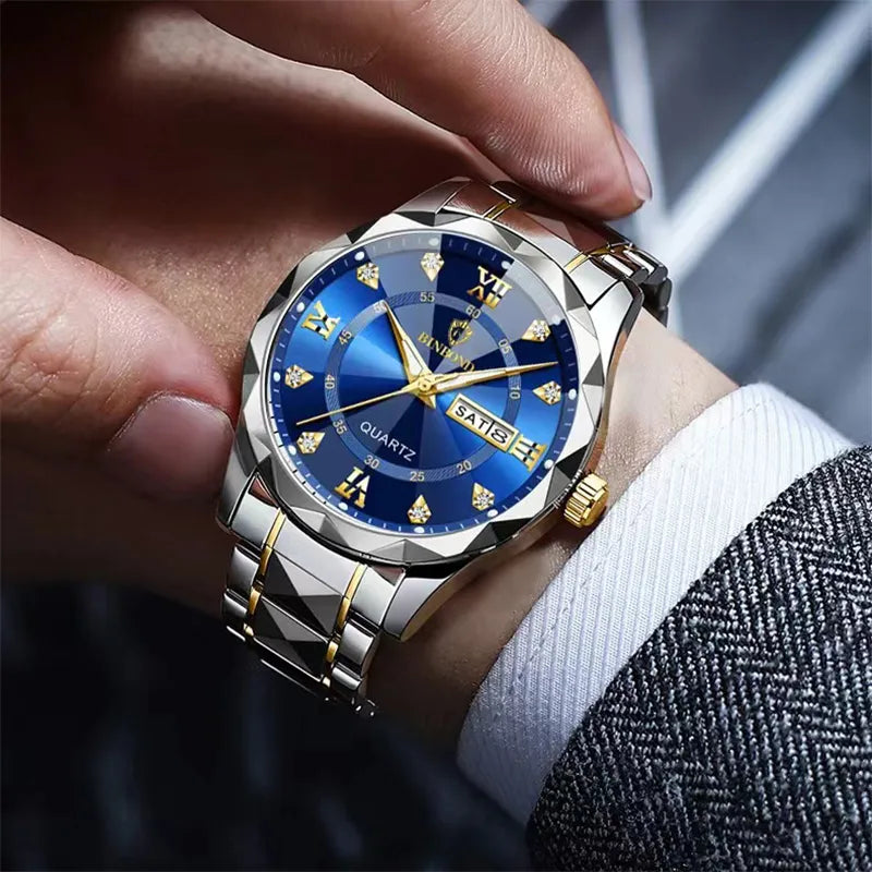 Herren Armbanduhr Silber Schwarz Edelstahl Quarzuhr Luxus Chronograph Business