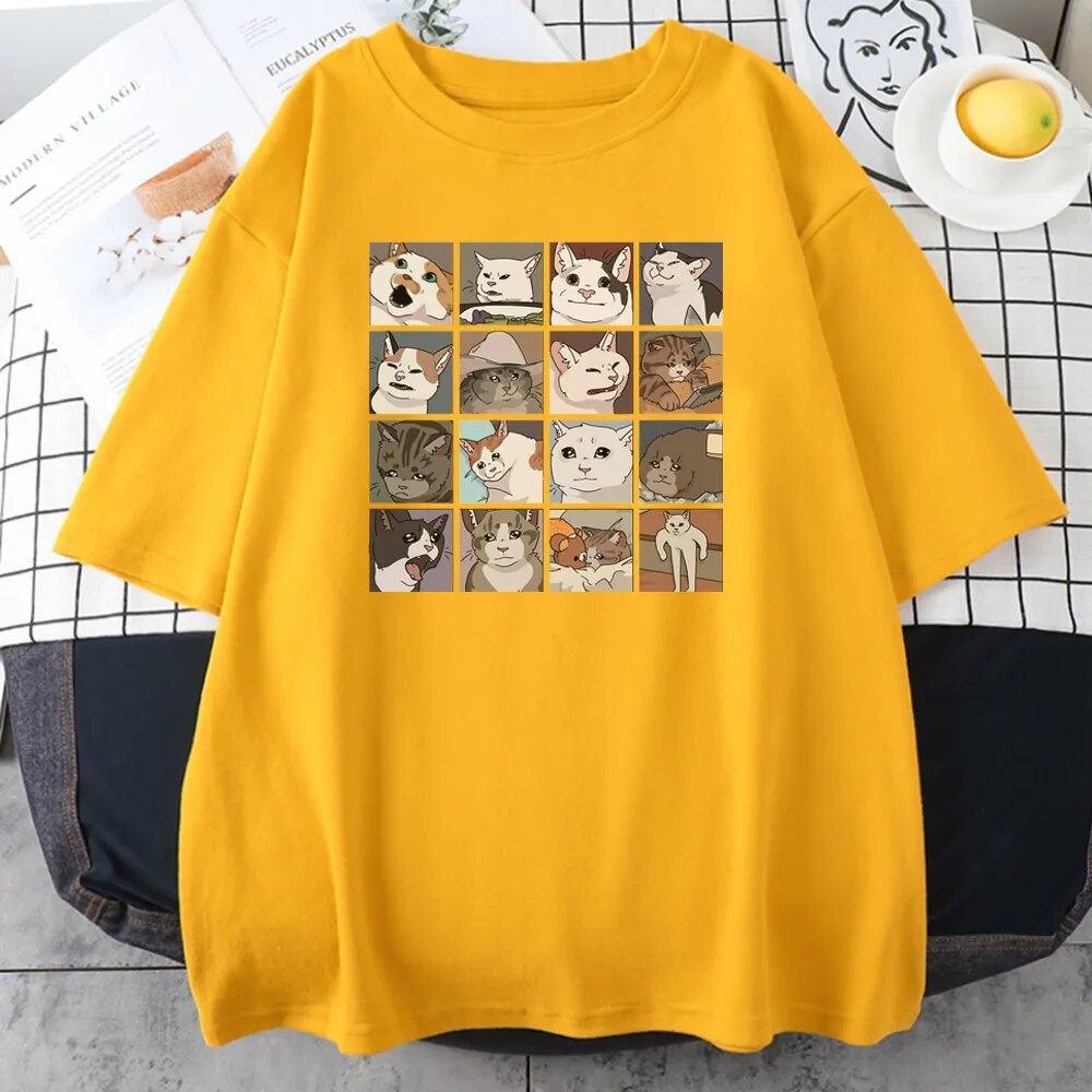 Damen Sommer Top Katze Hipster T-Shirt Rundhals Streetwear lockeres Damentop