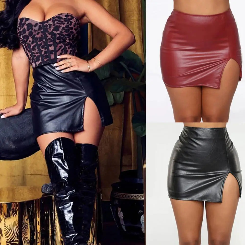 Sexy Damen Lederrock Minirock PU Mini Rock Bodycon Partyrock Clubwear