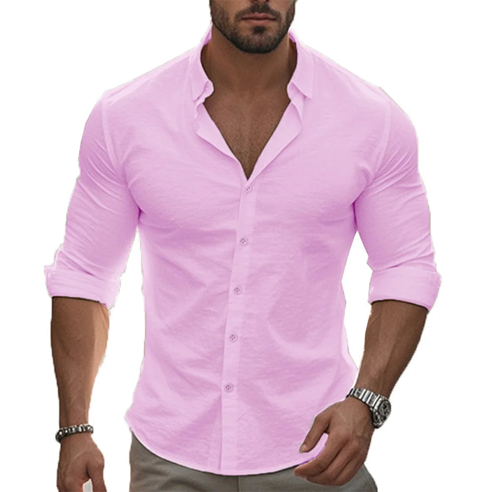 Herren Poloshirt Leinenhemd Langarm T-Shirt Leinen Hemd Polohemd Freizeithemd