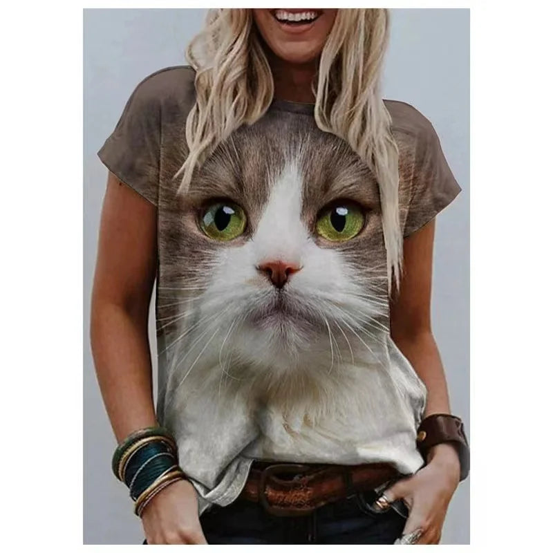 Damen T-Shirt Sommer Top Katzen Hemd Rundhals Streetwear lockeres Damentop