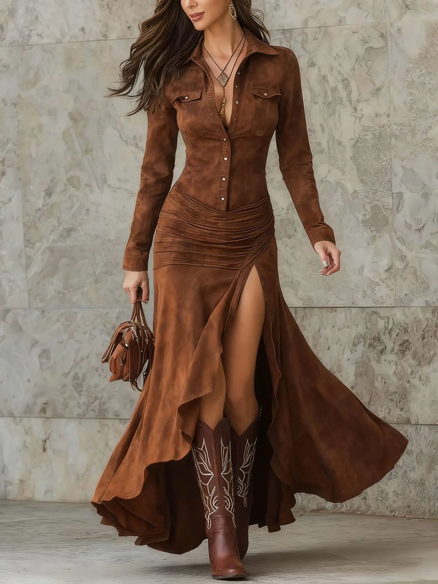 Damen Kleid mit Raffungen Partykleid Cocktail Abendkleid Retro Western Style