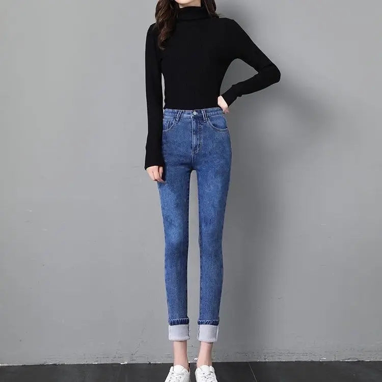Damen Winter Warm Thermo Jeans Hose Innenfleece Stretch Hosen Leggins Denim