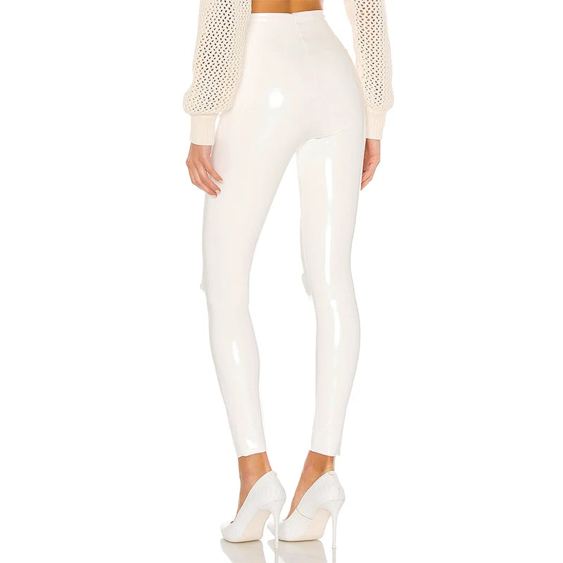 Damen Dünne Leggings Stretch Hose Weiß Glänzend Latex Nachtclub Sexy Hohe Taille