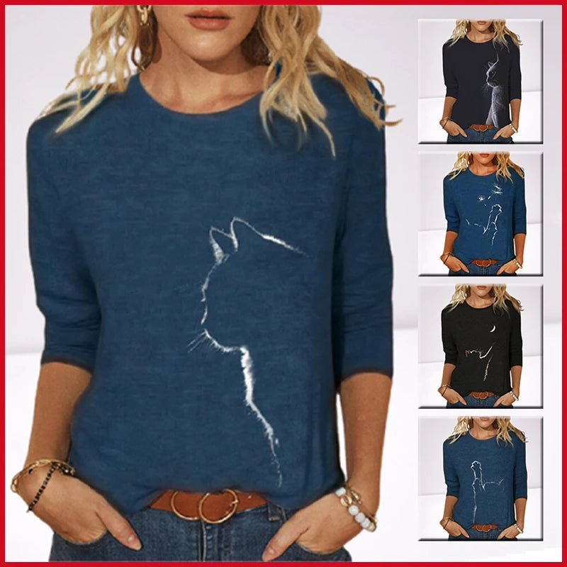 Damen Sommer Top 3D Katzen Langarm T-Shirt Rundhals Streetwear lockeres Damentop