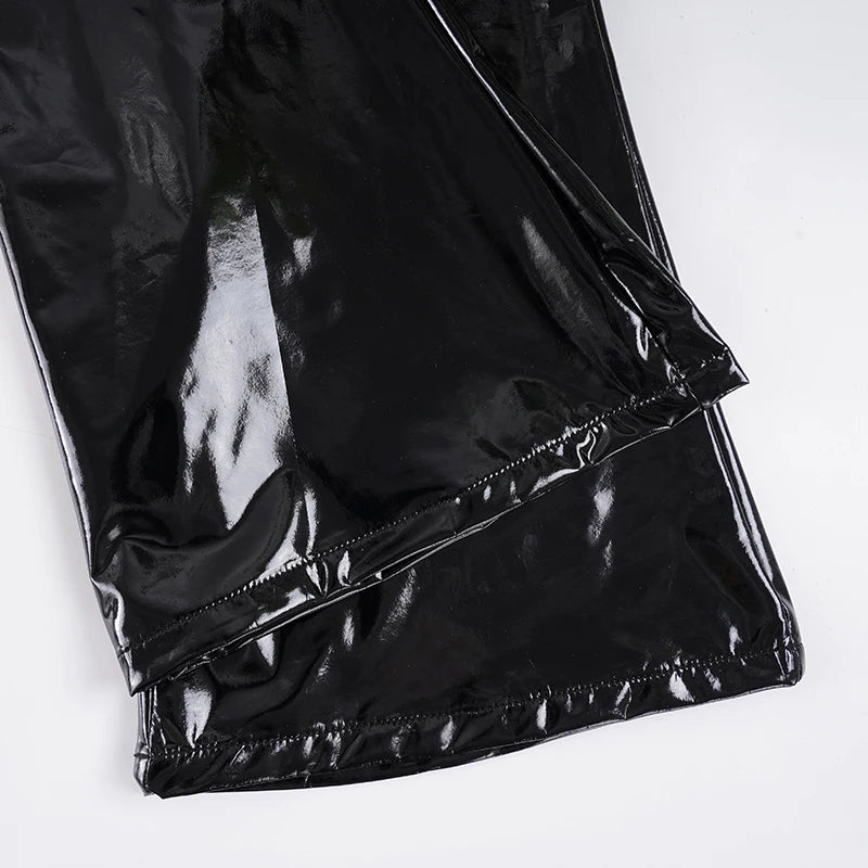 Sexy Damen Fashion Hose Gothic Punk glänzende PU Lederhose Schlaghose Latex