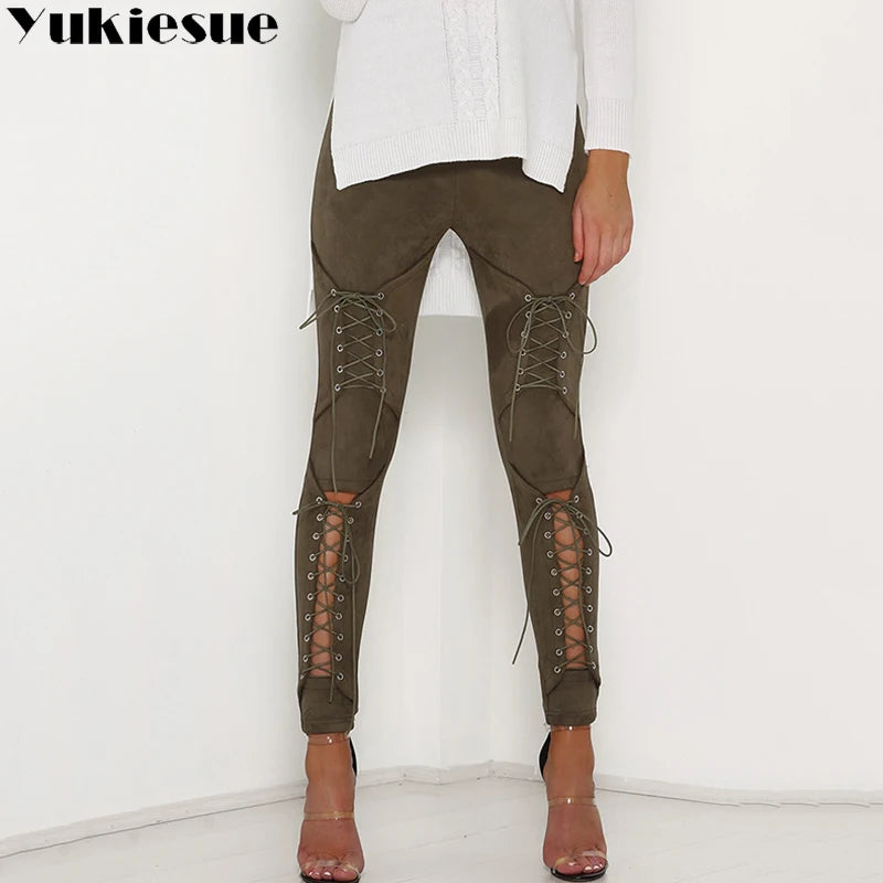 Damen Velour Kunstleder Leggings Bandage Hose Stretch Leggins Sexy Bleistift