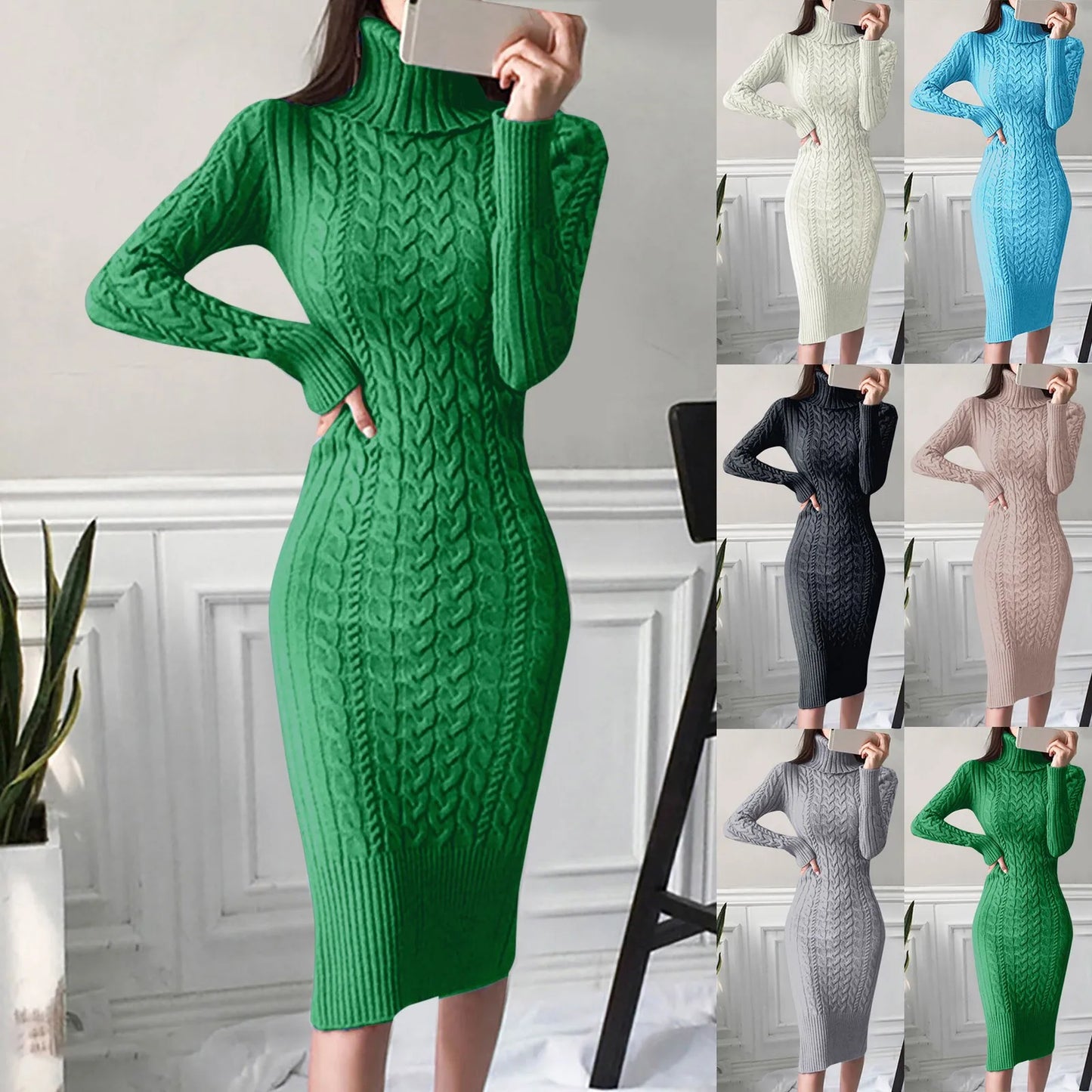 Damen Wollkleid Rollkragen Stiefelkleid Herbstkleid Winterkleid Strickkleid Long
