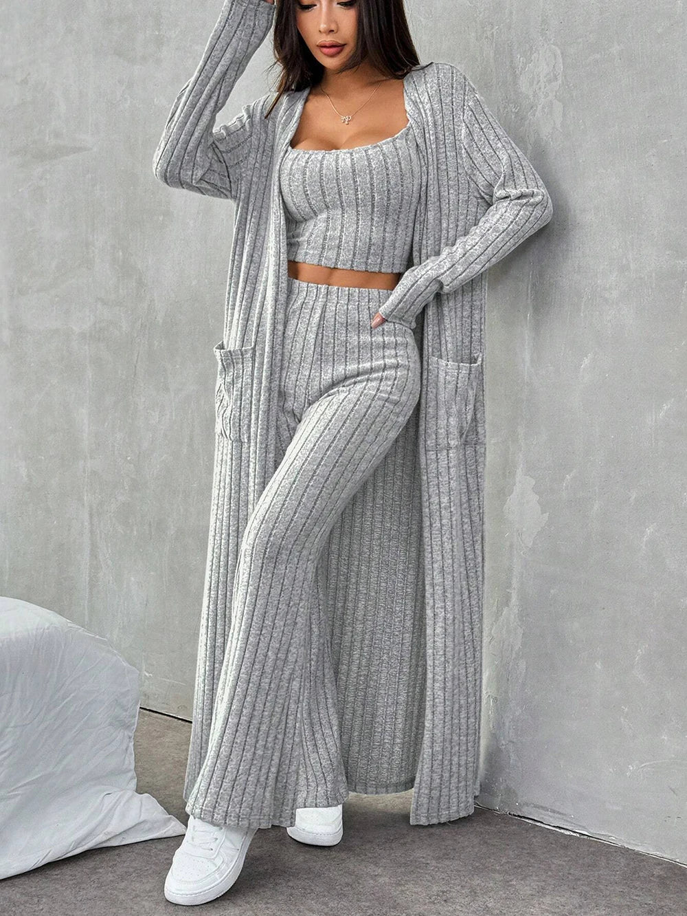 3-teiliges Damen Outfit Strickjacke Jacke Fitnessanzug Freizeitanzug Hausanzug