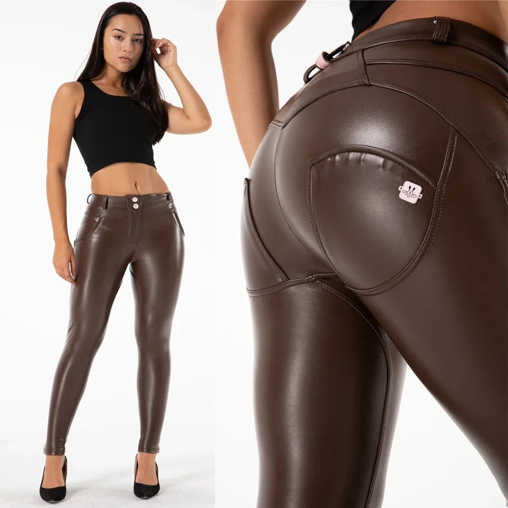 Sexy Skinny PU Leder Leggings Damen Hohe Taille Push Up Bleistifthose Slim