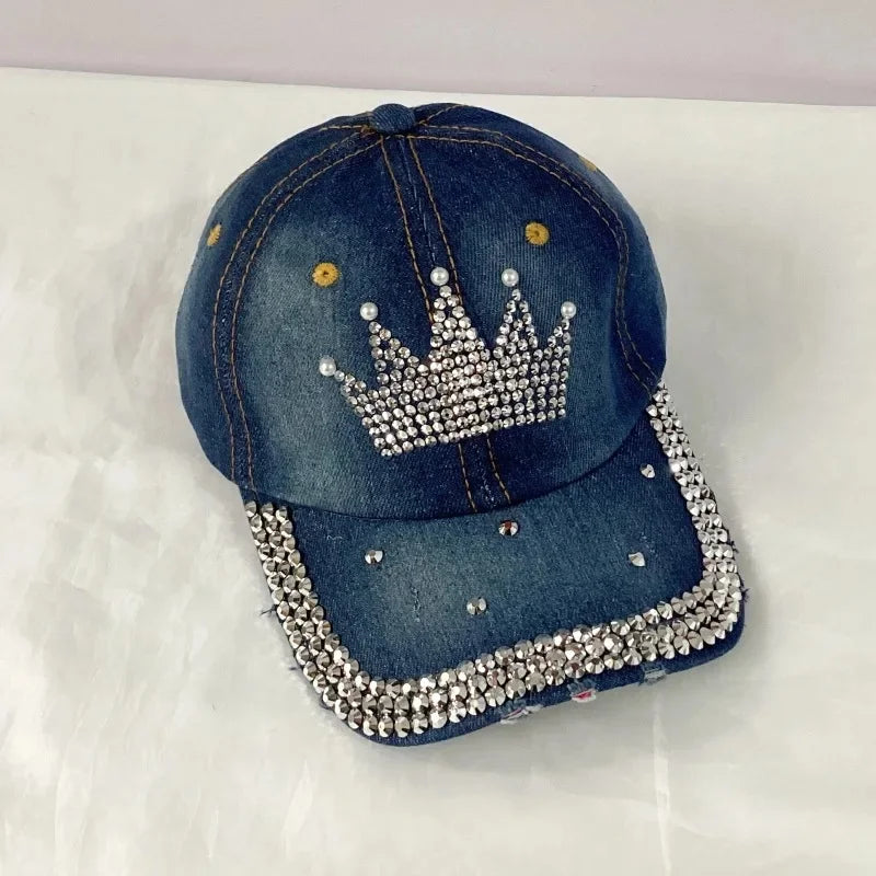Jeans Basecap Cappy Denim Look Cap Kappe LOVE Strass gebogen Herren Damen