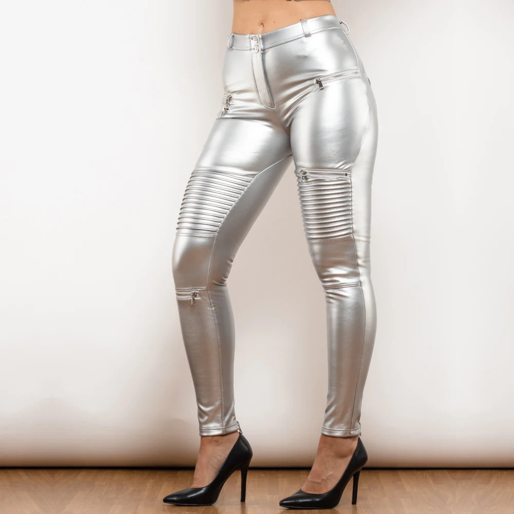 Sexy Damen Stretch Leggings Leggins Gothic Punk Hose PU Lederhose Reißverschluss