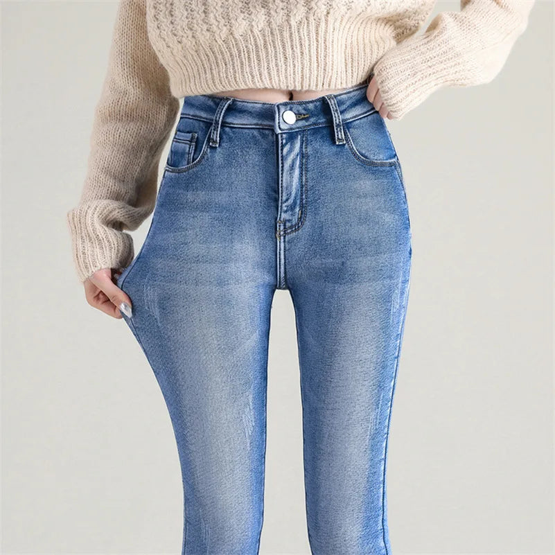 Damen Winter Warm Thermo Jeans Hose Innenfleece Stretch Hosen Leggins Denim