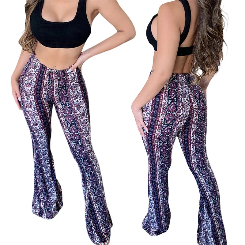 Damen Hose Bootcut Hüftjeans Schlaghose Flared Leggins Flower Power Retro Boho