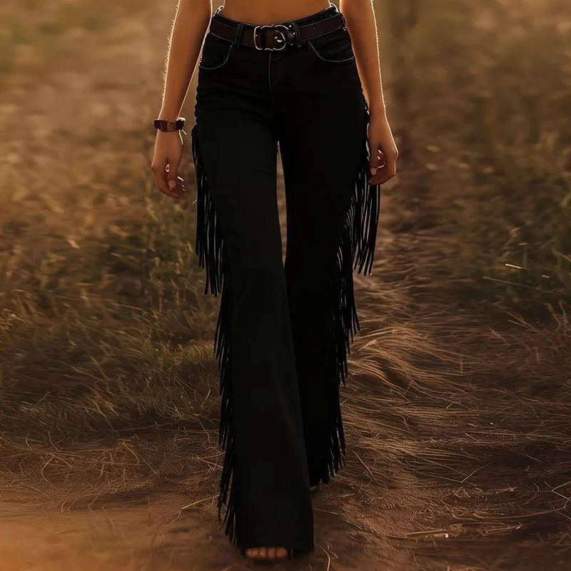 Sexy Damen Fashion Hose Kunst Lederhose Schlaghose Retro Western Flare Wildleder