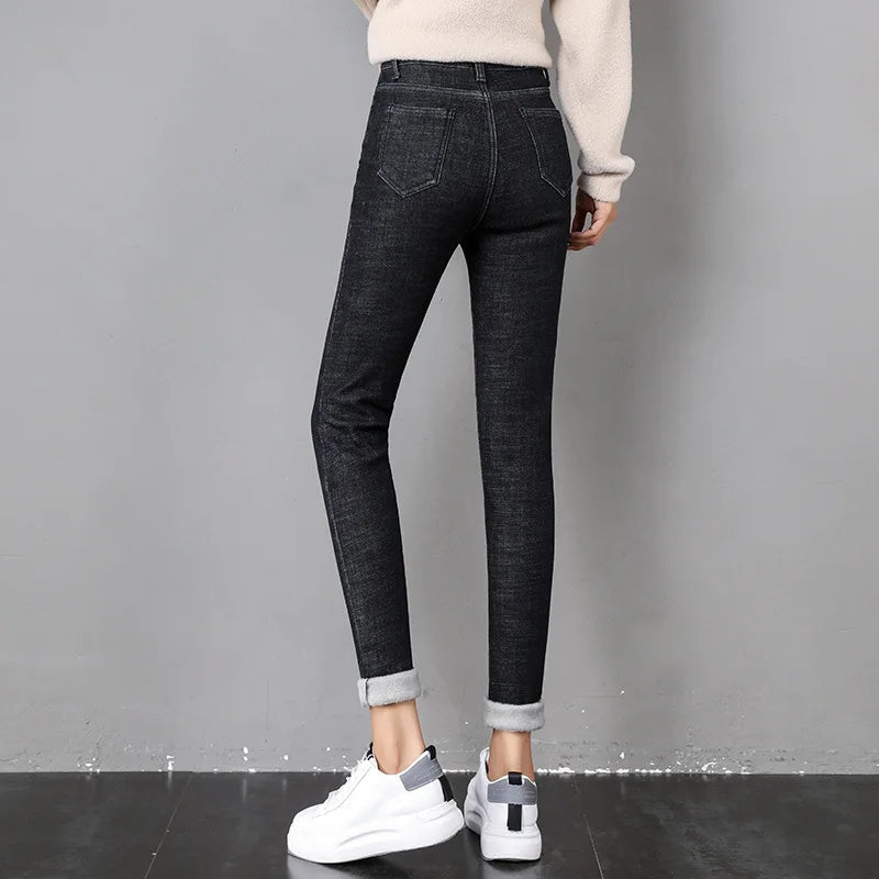 Frauen Winter Warm Thermo Jeans Hose Innenfleece Stretch Hosen Leggins Denim