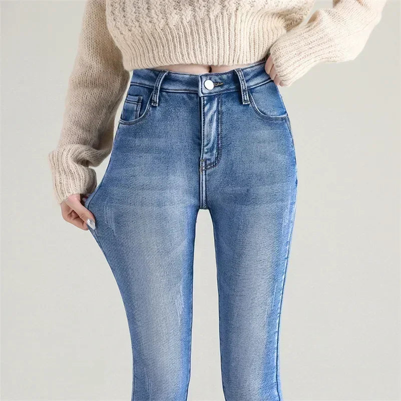 Damen Winter Warm Thermo Jeans Hose Innenfleece Stretch Hosen Leggins Denim