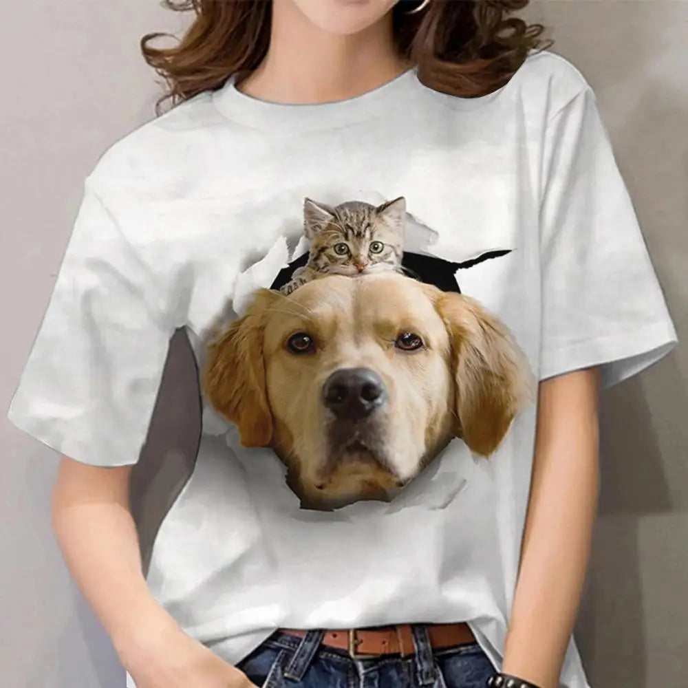Damen Sommer Top 3D Katzen T-Shirt Rundhals Streetwear lockeres Damentop Bluse
