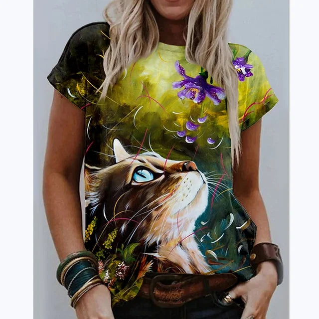 Damen T-Shirt Sommer Top Katzen Hemd Rundhals Streetwear lockeres Damentop